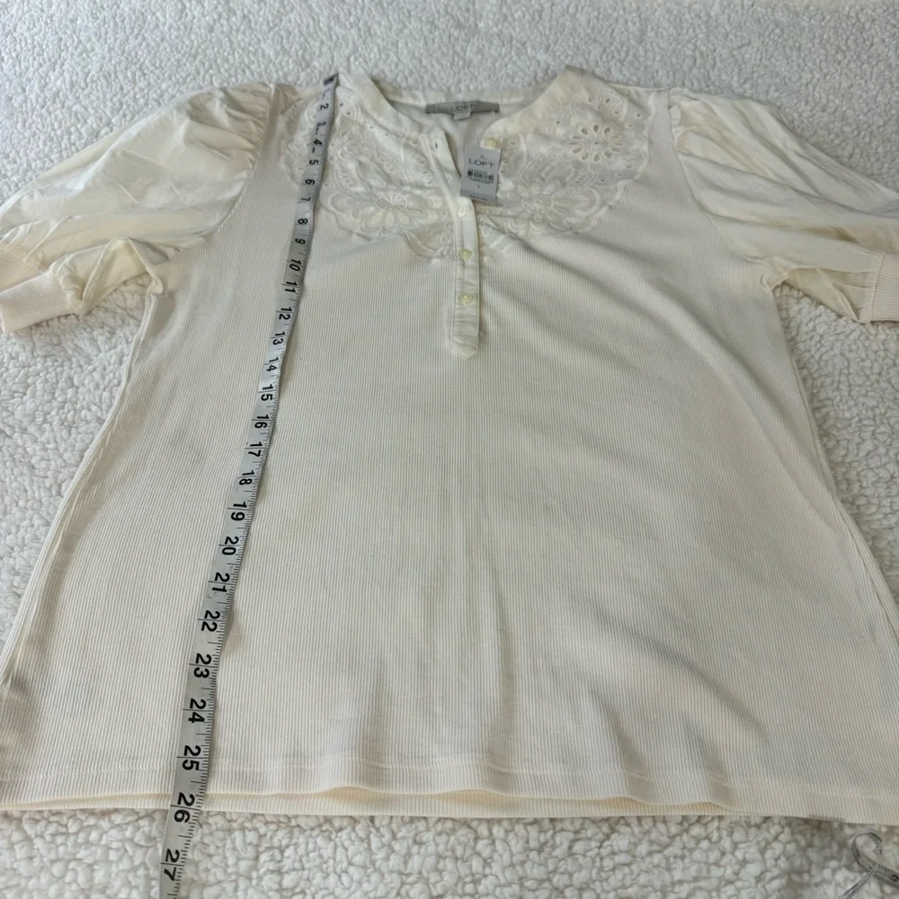 Loft Eyelet Yoke Mixed Media Top in Ecru Ivory Cream Size L Large #596116